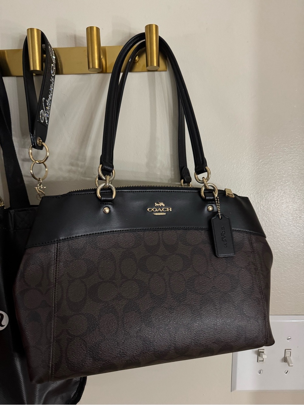Coach Brown and Black Signature Satchel with Gold Hardware